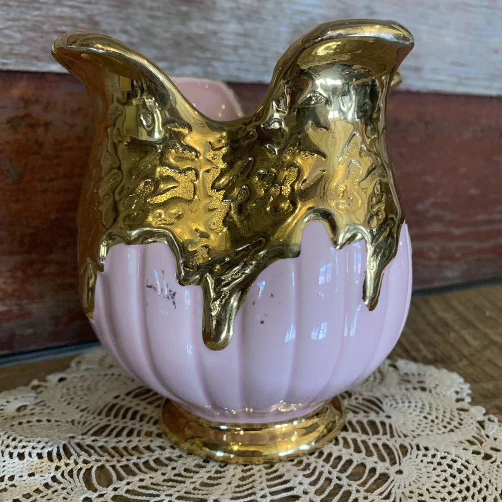Hollywood Regency Vase MCM Dripping 22K Gold Pink Made in USA stamped  READ - Picture 11 of 12